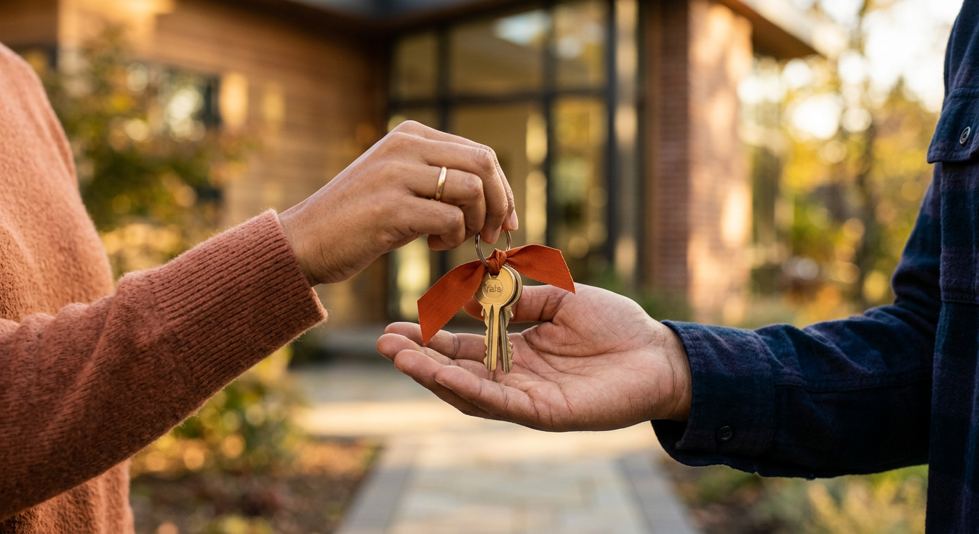 Close-up of house keys being handed over to a beneficiary