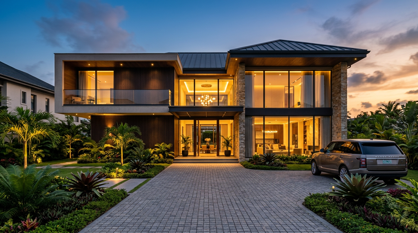 A warm, modern home glowing at dusk, representing the shelter Top Hill provides