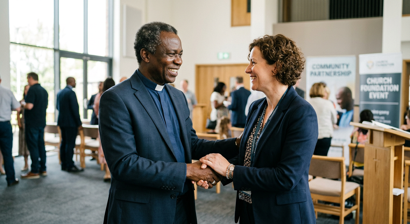 A pastor shaking hands in partnership with the foundation