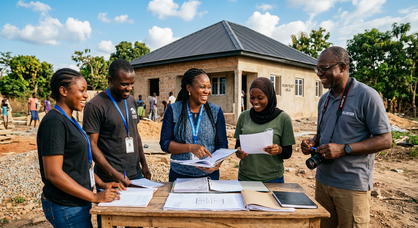 Volunteers visiting a housing project site